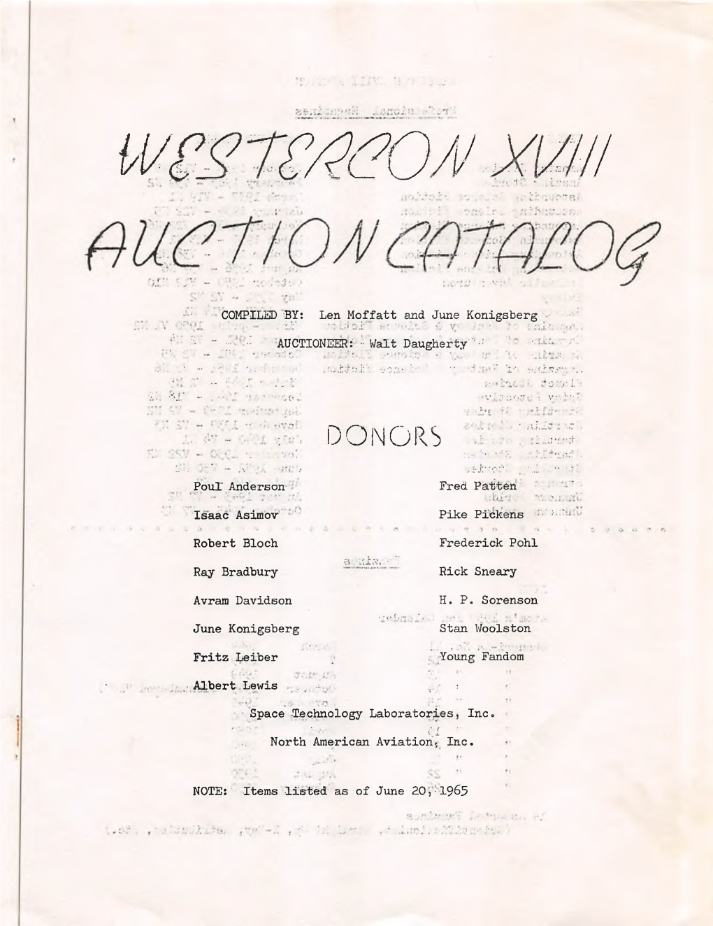 AUCTION CATALOG ADDITIONAL MATERIAL - As of June 30, 1965