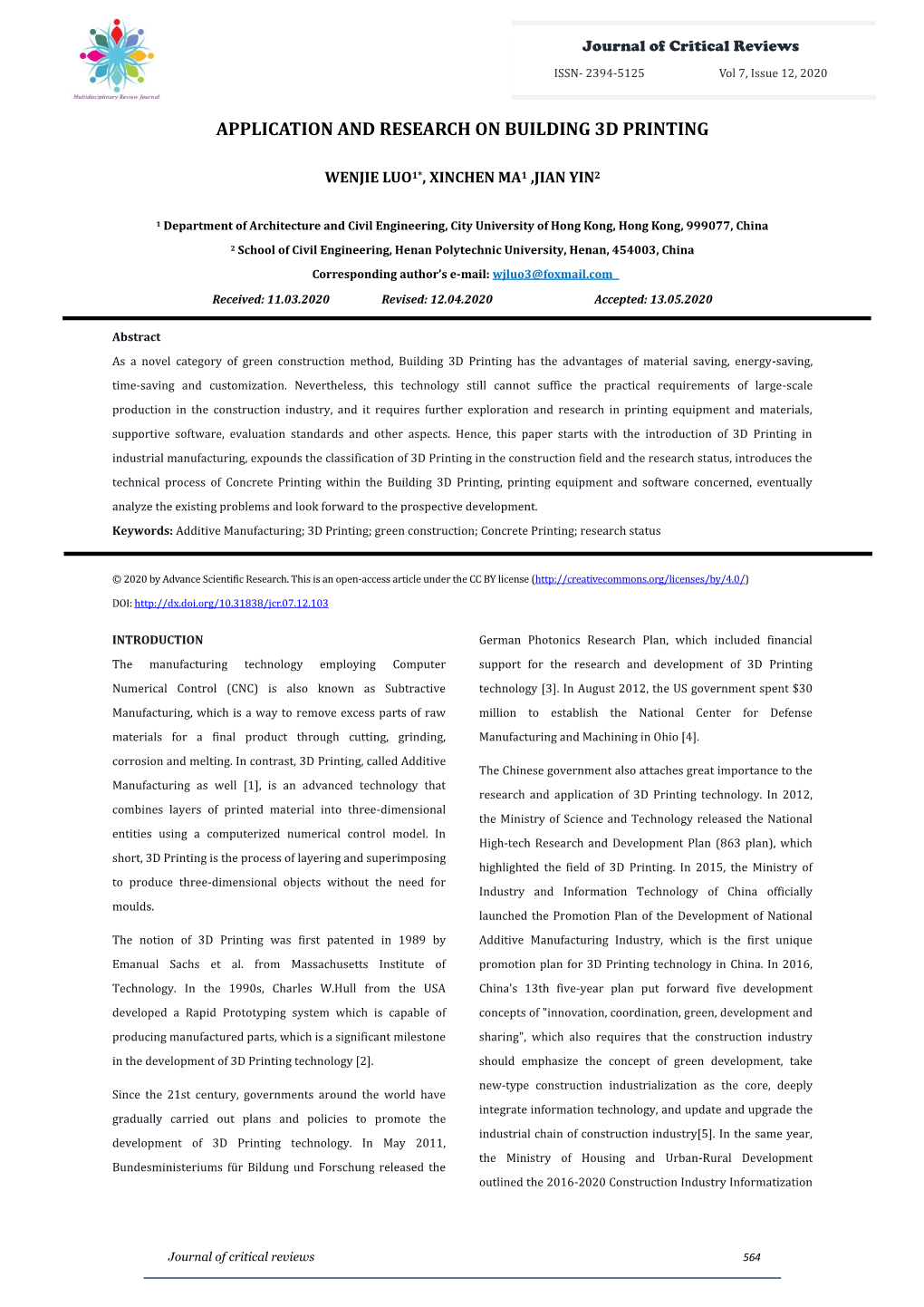 Application and Research on Building 3D Printing