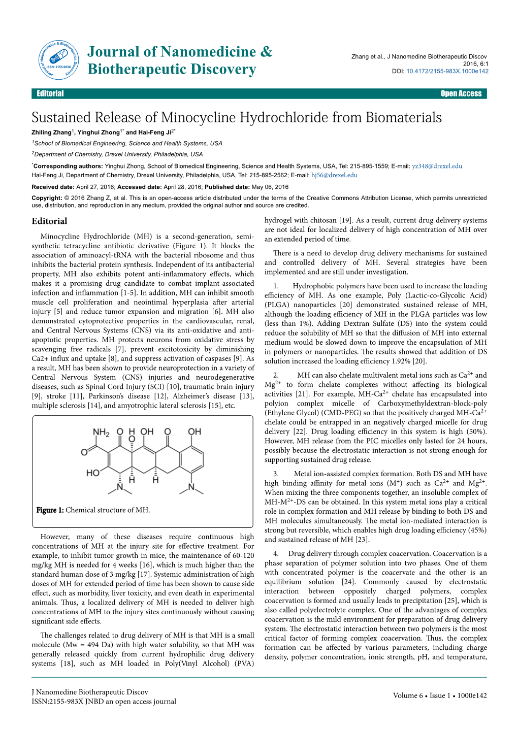 Sustained Release of Minocycline Hydrochloride from Biomaterials