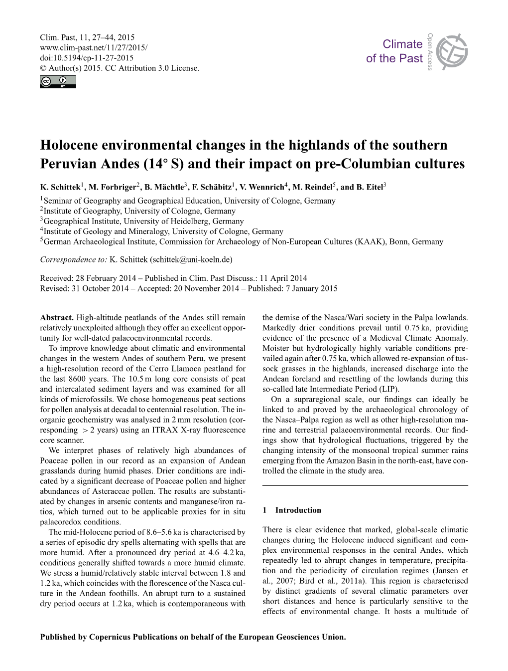 Holocene Environmental Changes in the Highlands of the Southern Peruvian Andes (14◦ S) and Their Impact on Pre-Columbian Cultures