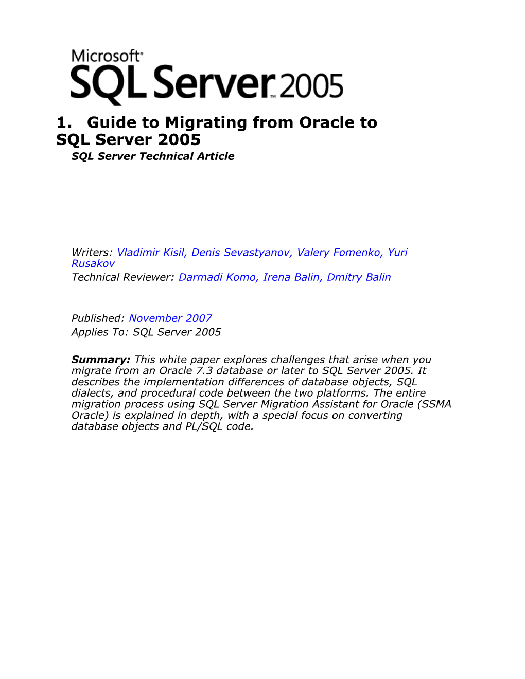 Guide to Migrating from Oracle to SQL Server 2005