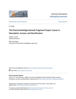 The Penn/Cambridge Genizah Fragment Project: Issues in Description, Access, and Reunification