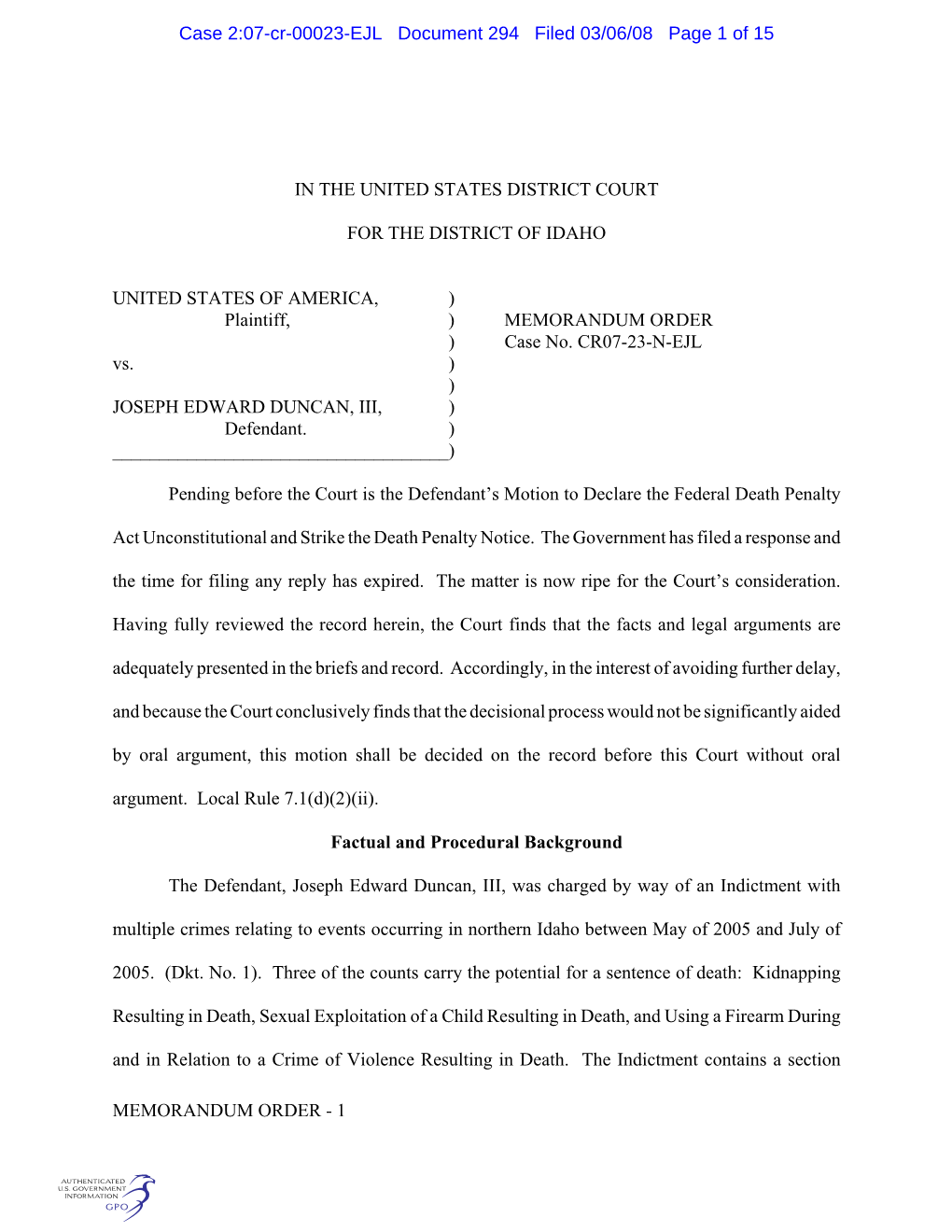 Case 2:07-Cr-00023-EJL Document 294 Filed 03/06/08 Page 1 of 15