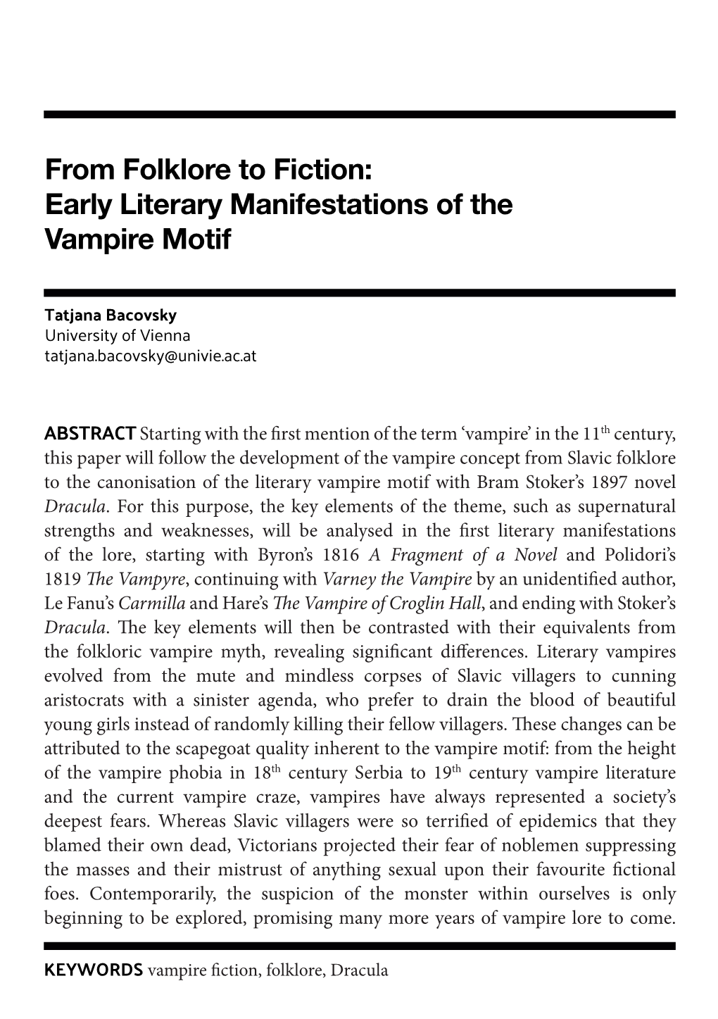 From Folklore to Fiction: Early Literary Manifestations of the Vampire Motif