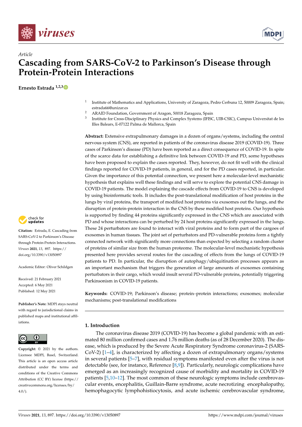 Cascading from SARS-Cov-2 to Parkinson's Disease