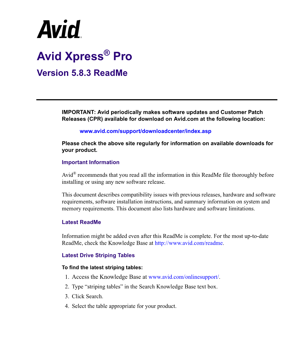 Avid Xpress® Pro Version 5.8.3 Readme