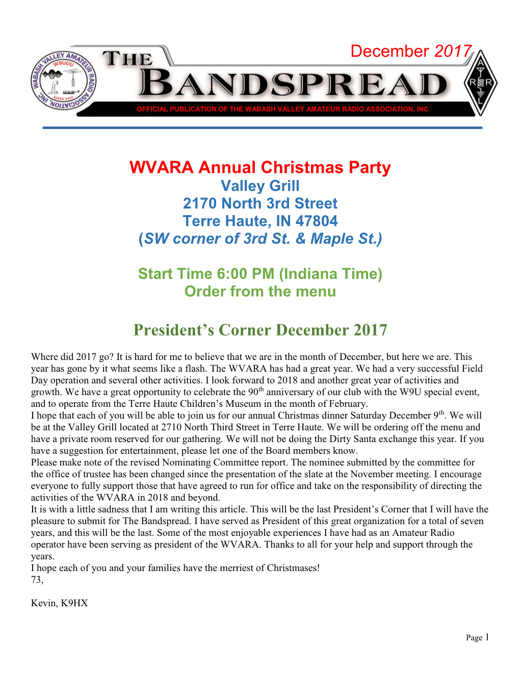 December 2017 WVARA Annual Christmas Party President's Corner