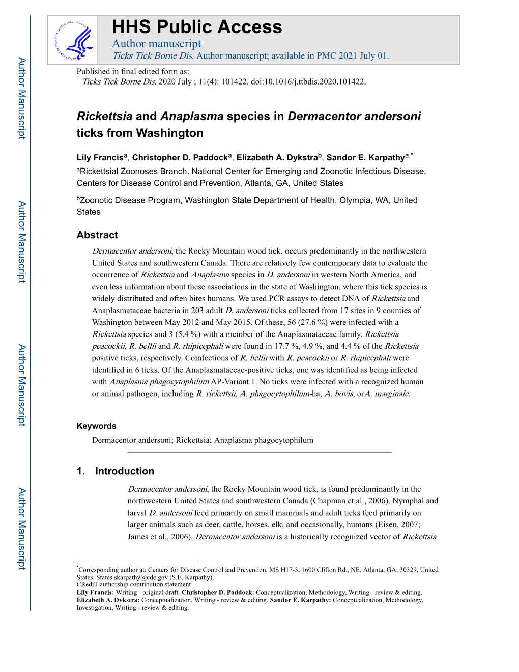 Rickettsia and Anaplasma Species in Dermacentor Andersoni Ticks from Washington