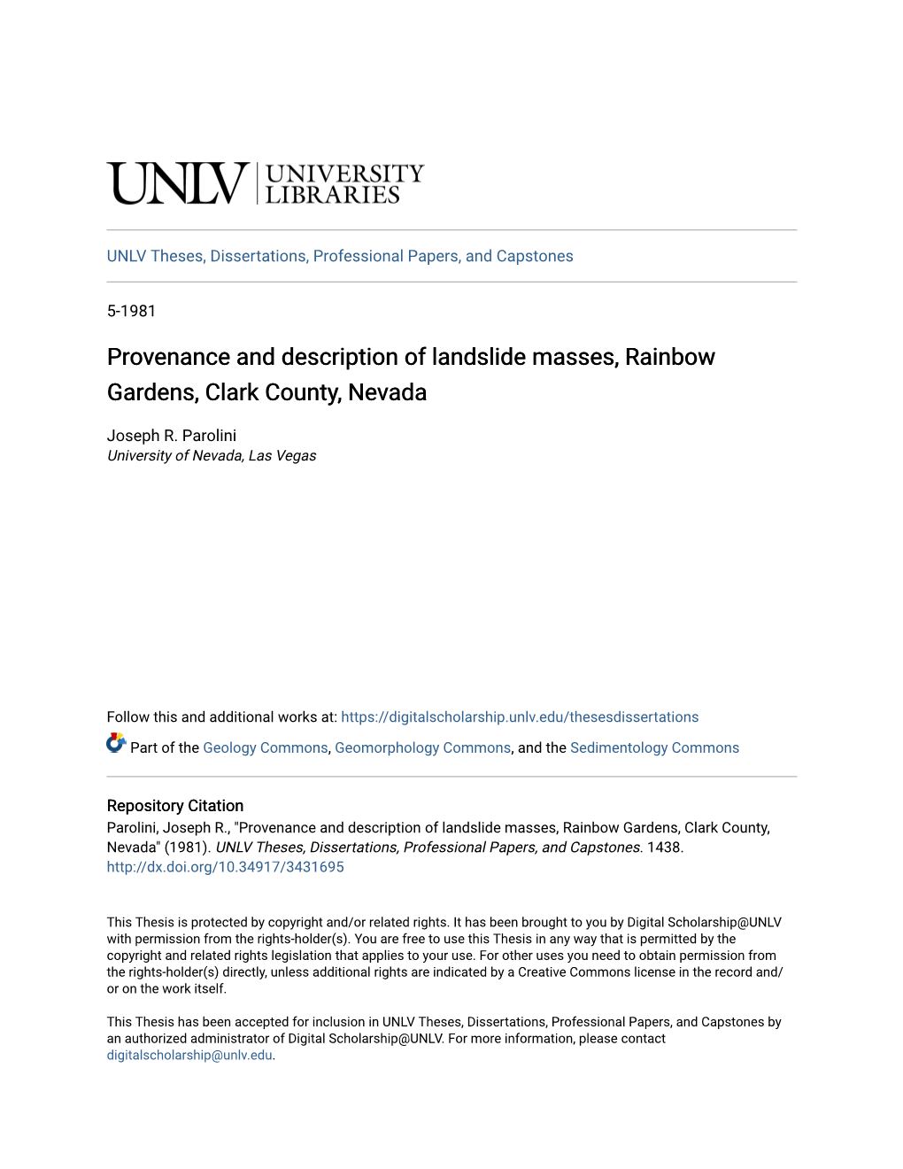 Provenance and Description of Landslide Masses, Rainbow Gardens, Clark County, Nevada