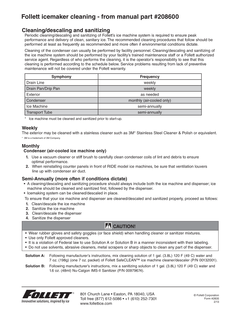 Follett Icemaker Cleaning - from Manual Part #208600