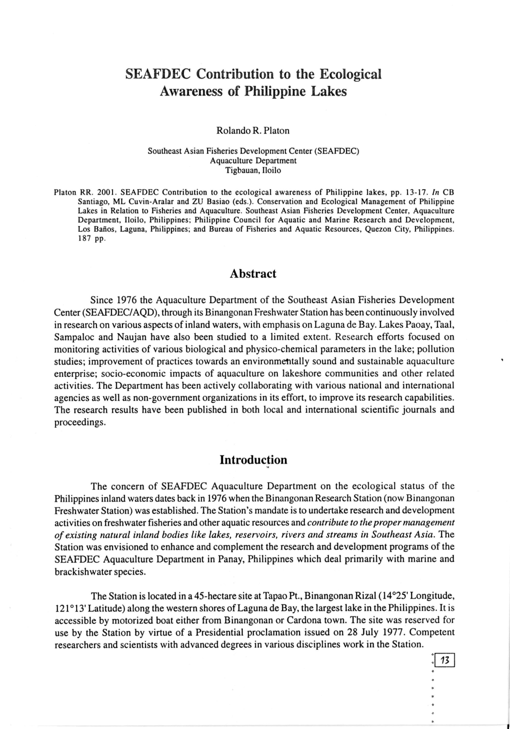 SEAFDEC Contribution to the Ecological Awareness of Philippine Lakes