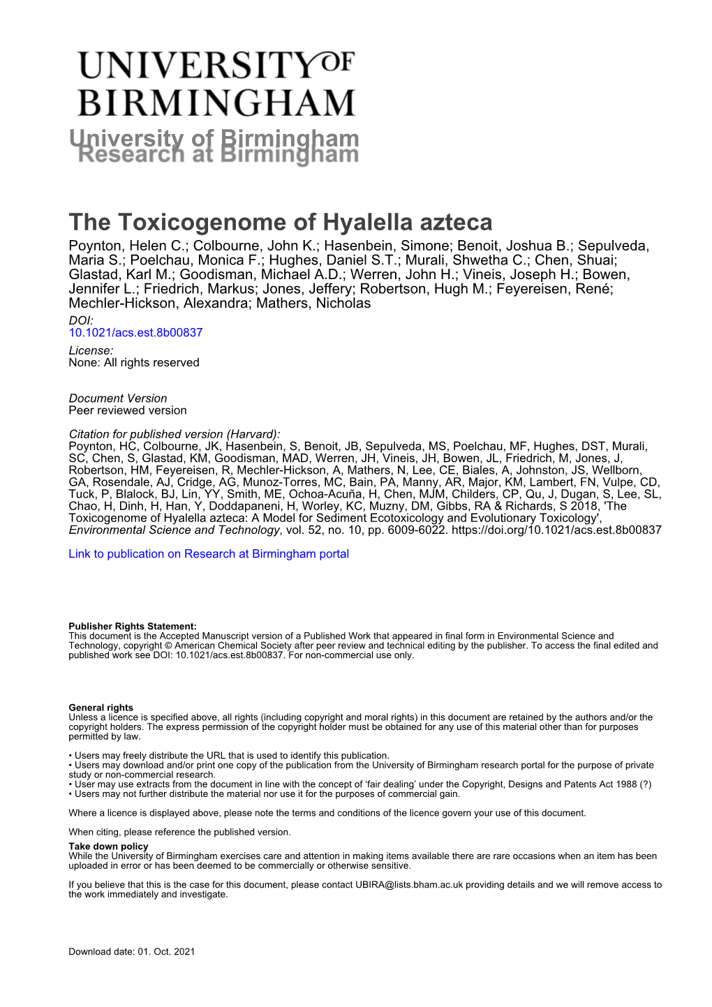 University of Birmingham the Toxicogenome of Hyalella Azteca