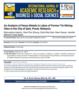 An Analysis of Heavy Metals in Lakes of Former Tin Mining Sites in the City of Ipoh, Perak, Malaysia