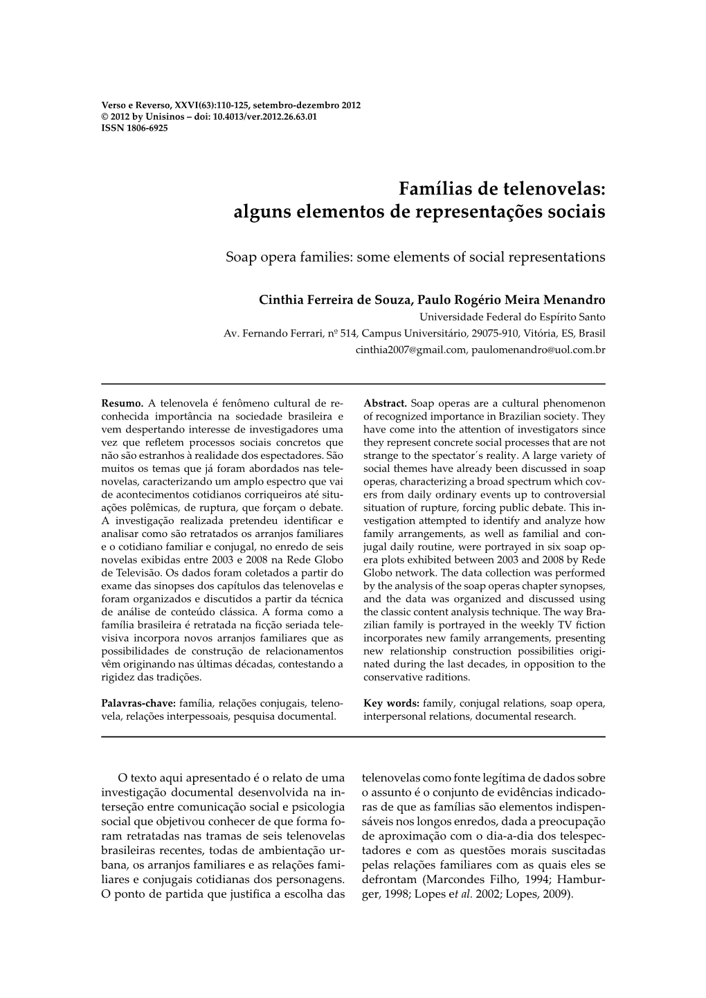 Famílias De Telenovelas: Alguns Elementos De Representações Sociais