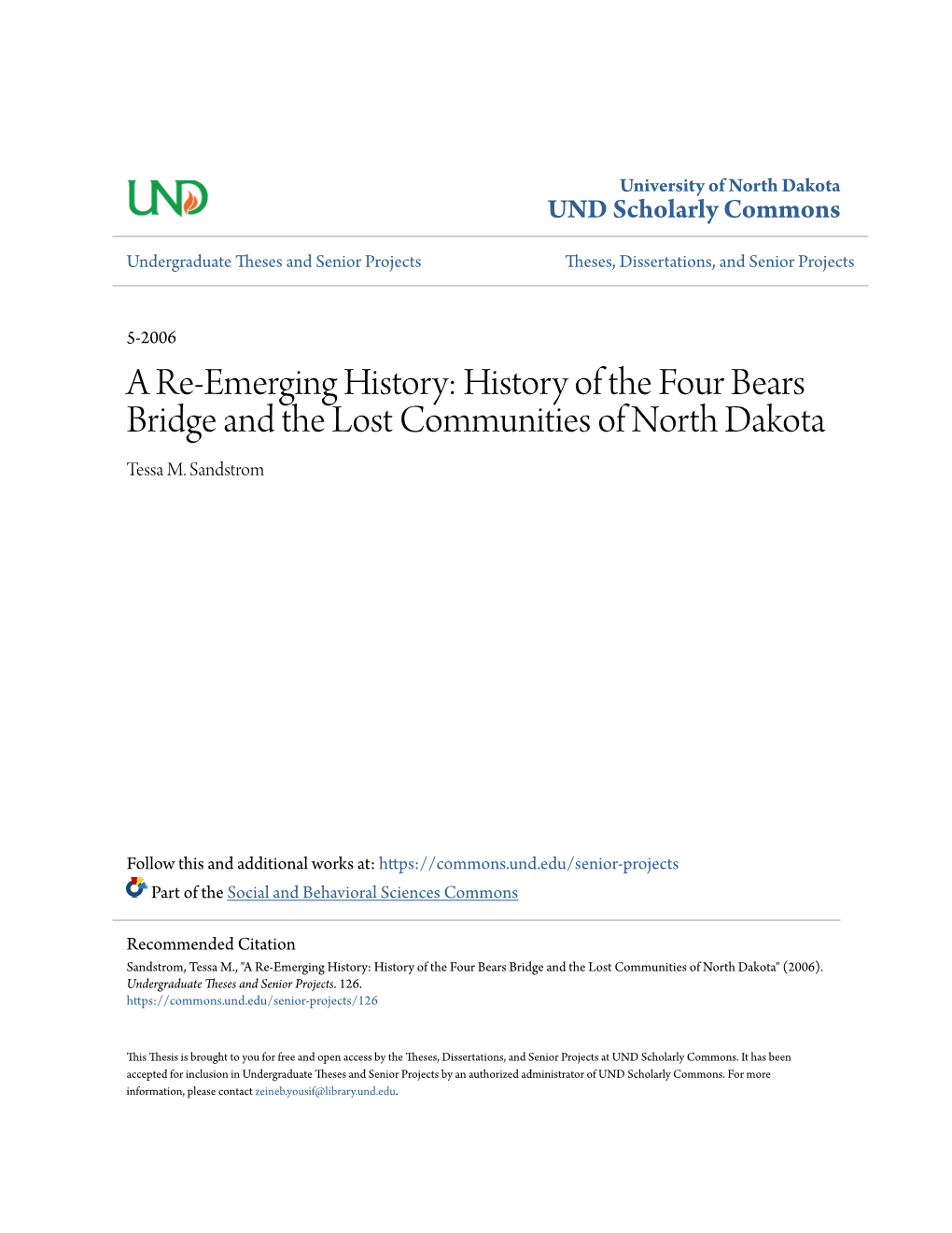 History of the Four Bears Bridge and the Lost Communities of North Dakota Tessa M