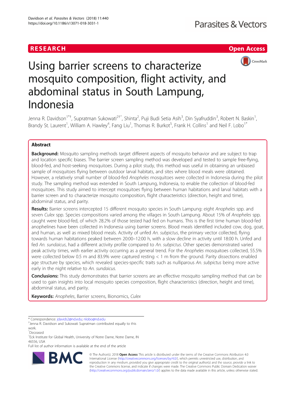 Using Barrier Screens to Characterize Mosquito Composition, Flight Activity, and Abdominal Status in South Lampung, Indonesia Jenna R