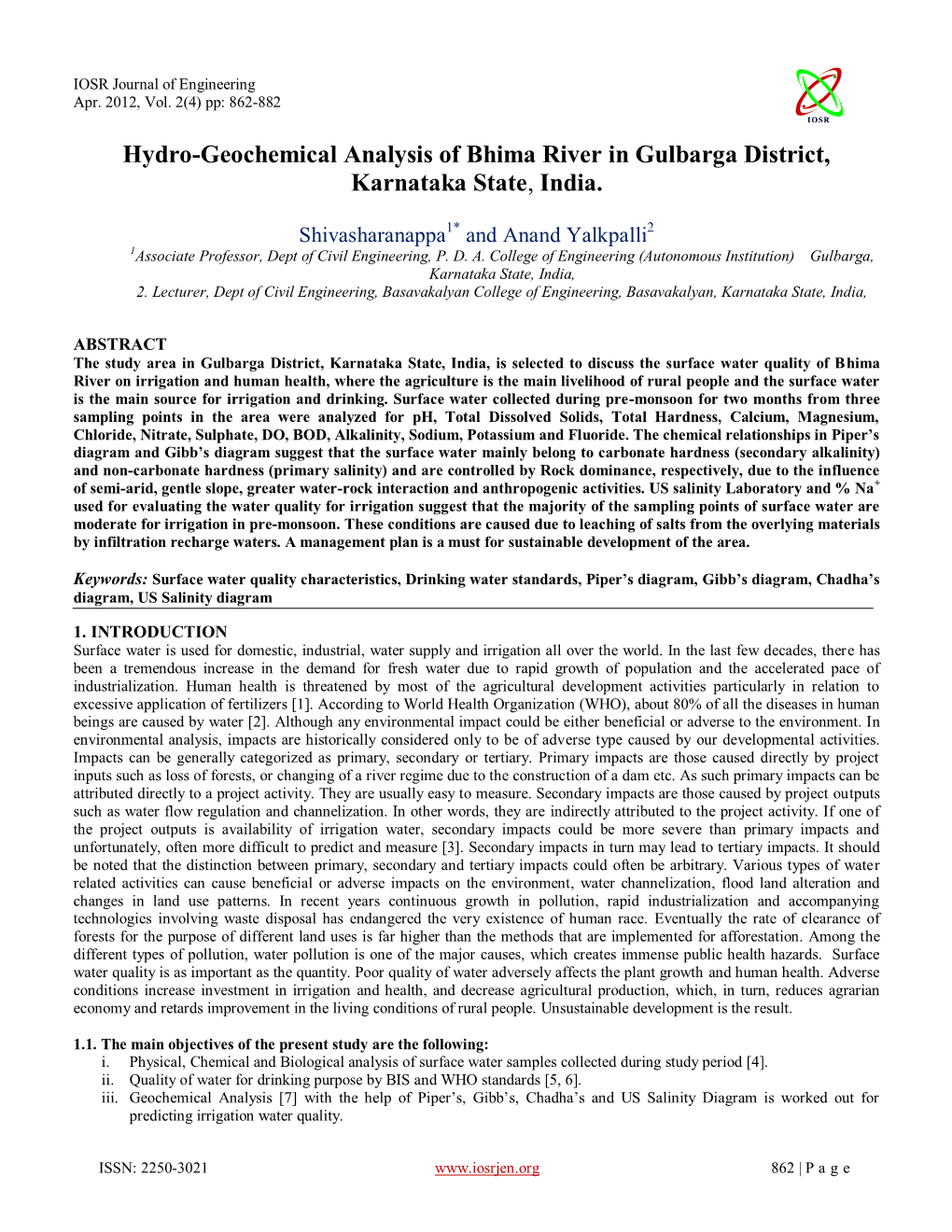 Hydro-Geochemical Analysis of Bhima River in Gulbarga District, Karnataka State, India