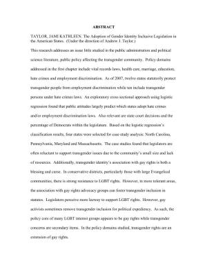 ABSTRACT TAYLOR, JAMI KATHLEEN. the Adoption of Gender Identity Inclusive Legislation in the American States. (Under the Direct