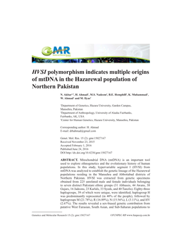 HVSI Polymorphism Indicates Multiple Origins of Mtdna in the Hazarewal Population of Northern Pakistan