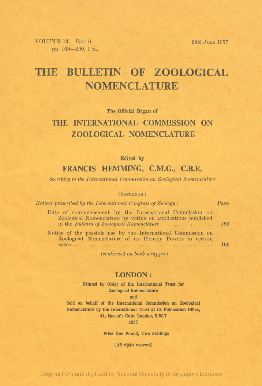 The Bulletin of Zoological Nomenclature. Vol 13, Part 6