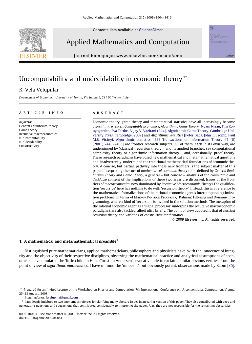 Uncomputability and Undecidability in Economic Theory Q