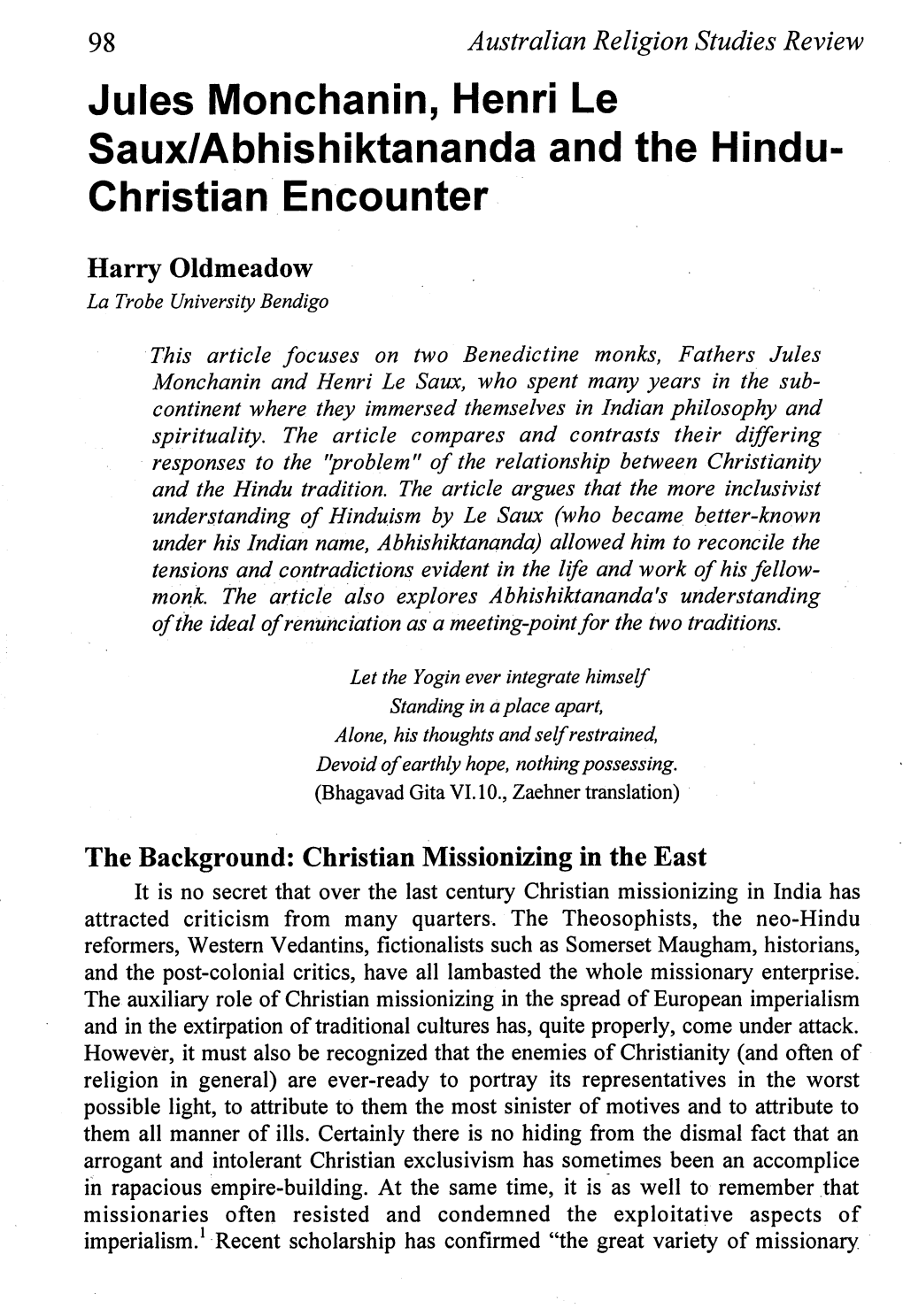 Jules Monchanin, Henri Le Saux/Abhishiktananda and the Hindu­ Christian Encounter