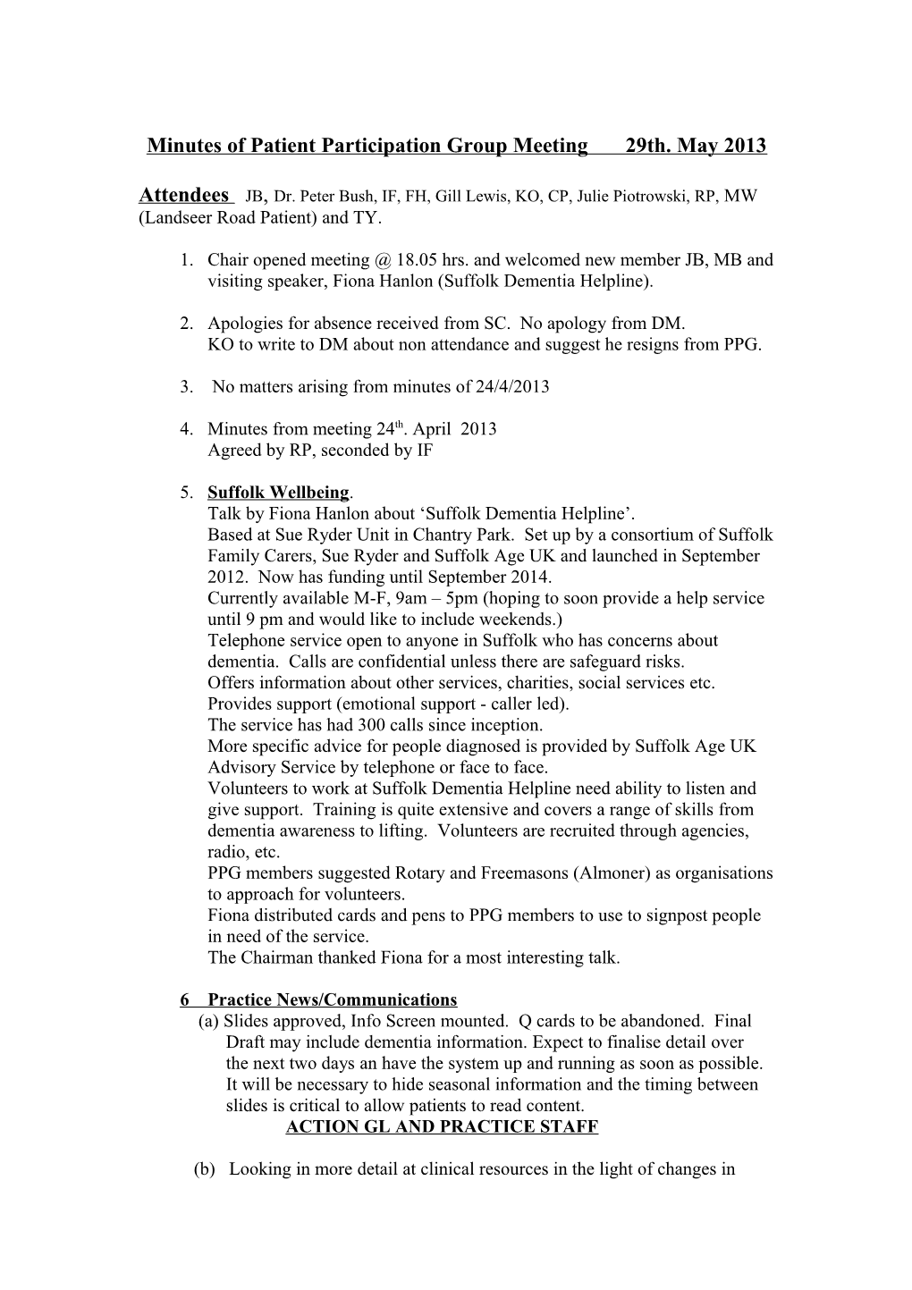 Minutes of Patient Participation Group Meeting 29Th