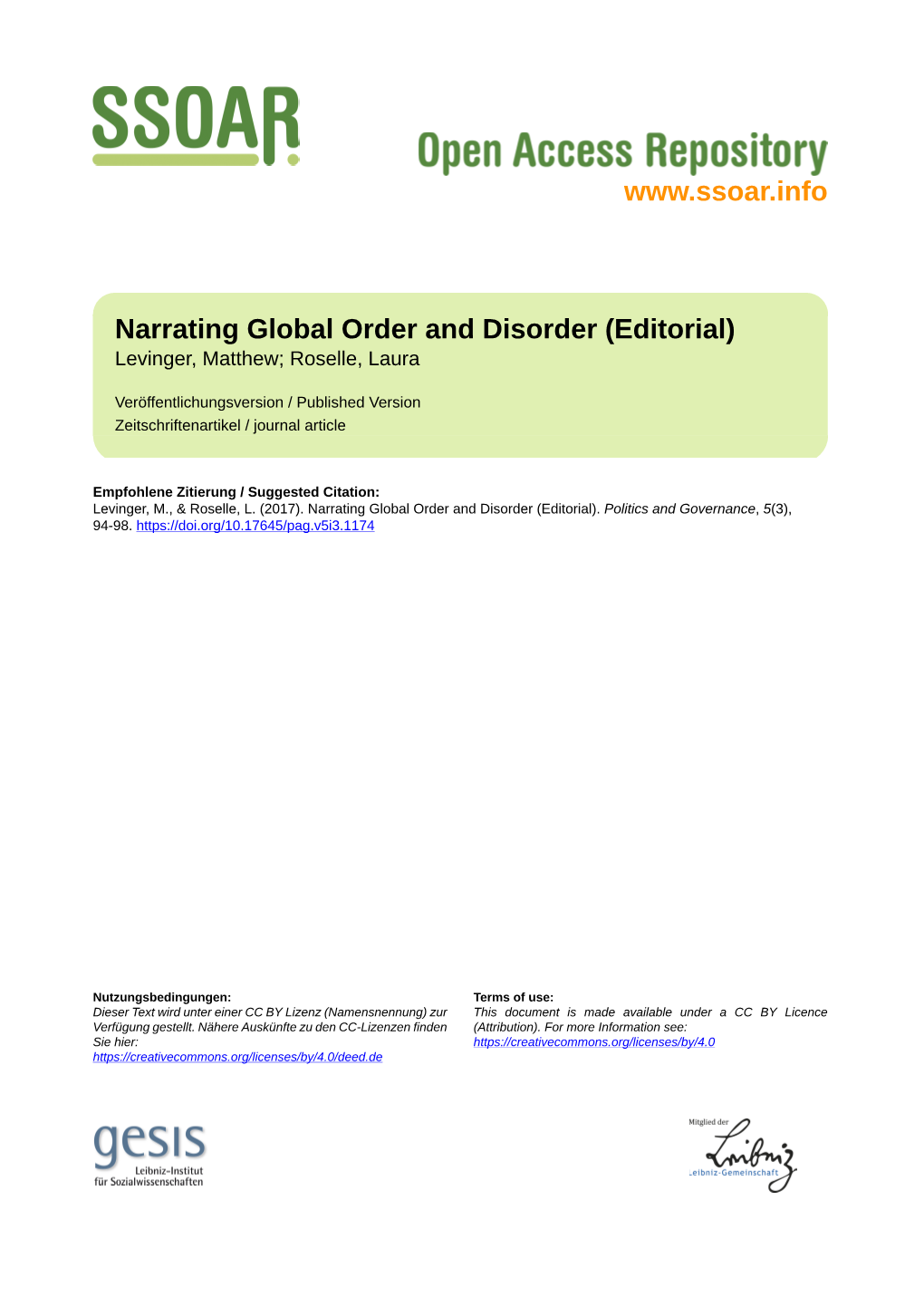 Narrating Global Order and Disorder (Editorial) Levinger, Matthew; Roselle, Laura