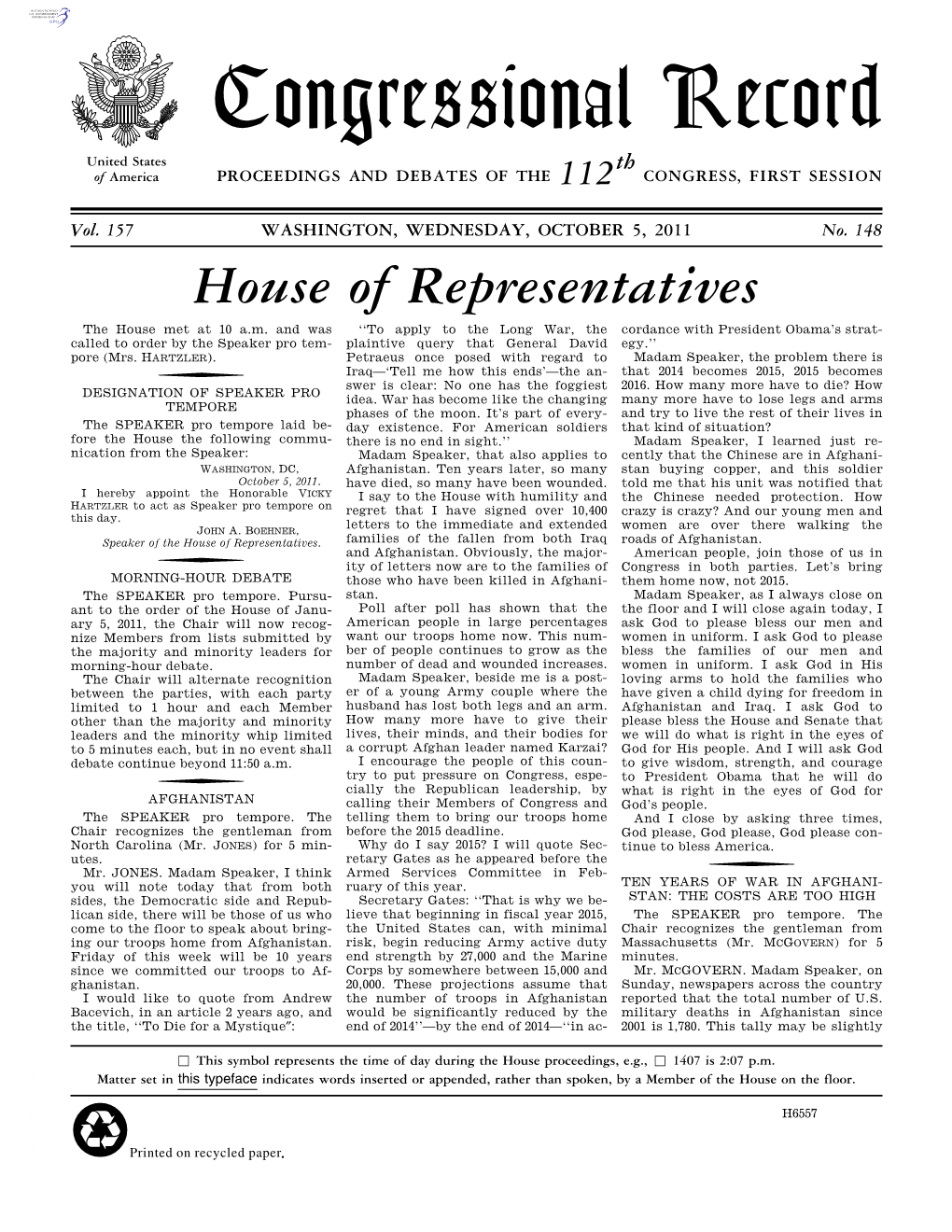 Congressional Record United States Th of America PROCEEDINGS and DEBATES of the 112 CONGRESS, FIRST SESSION