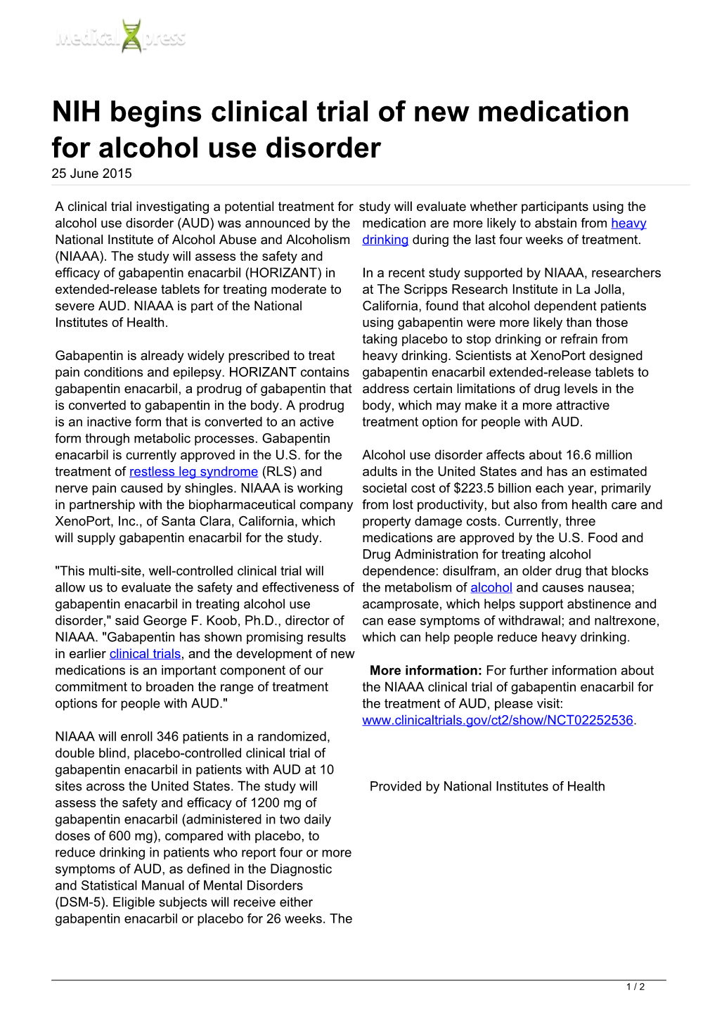 NIH Begins Clinical Trial of New Medication for Alcohol Use Disorder 25 June 2015