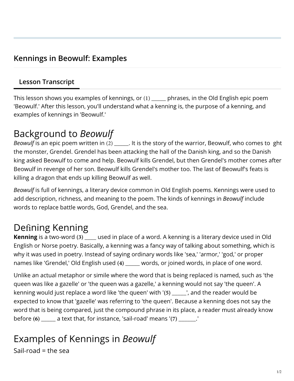 Background to Beowulf Defining Kenning Examples of Kennings In