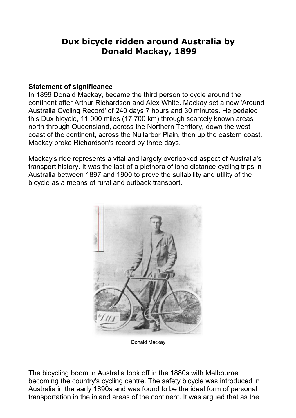 Dux Bicycle Ridden Around Australia By