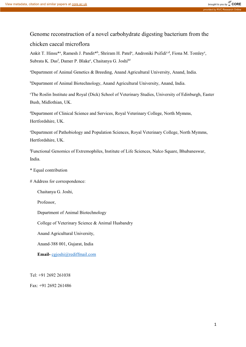 Genome Reconstruction of a Novel Carbohydrate Digesting Bacterium from the Chicken Caecal Microflora Ankit T