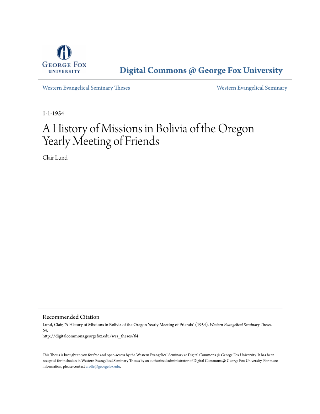 A History of Missions in Bolivia of the Oregon Yearly Meeting of Friends Clair Lund