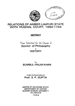 Relations of Amber (Jaipur) State with Mughal Court, 1 694-1 744