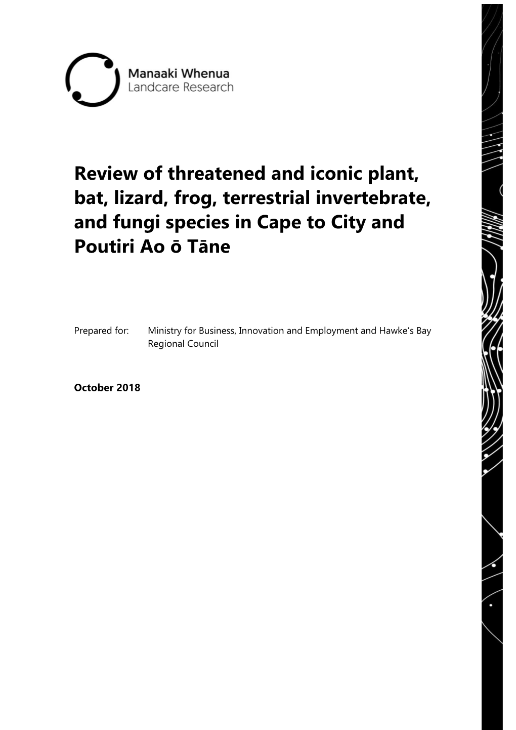 Review of Threatened and Iconic Plant, Bat, Lizard, Frog, Terrestrial Invertebrate, and Fungi Species in Cape to City and Poutiri Ao Ō Tāne