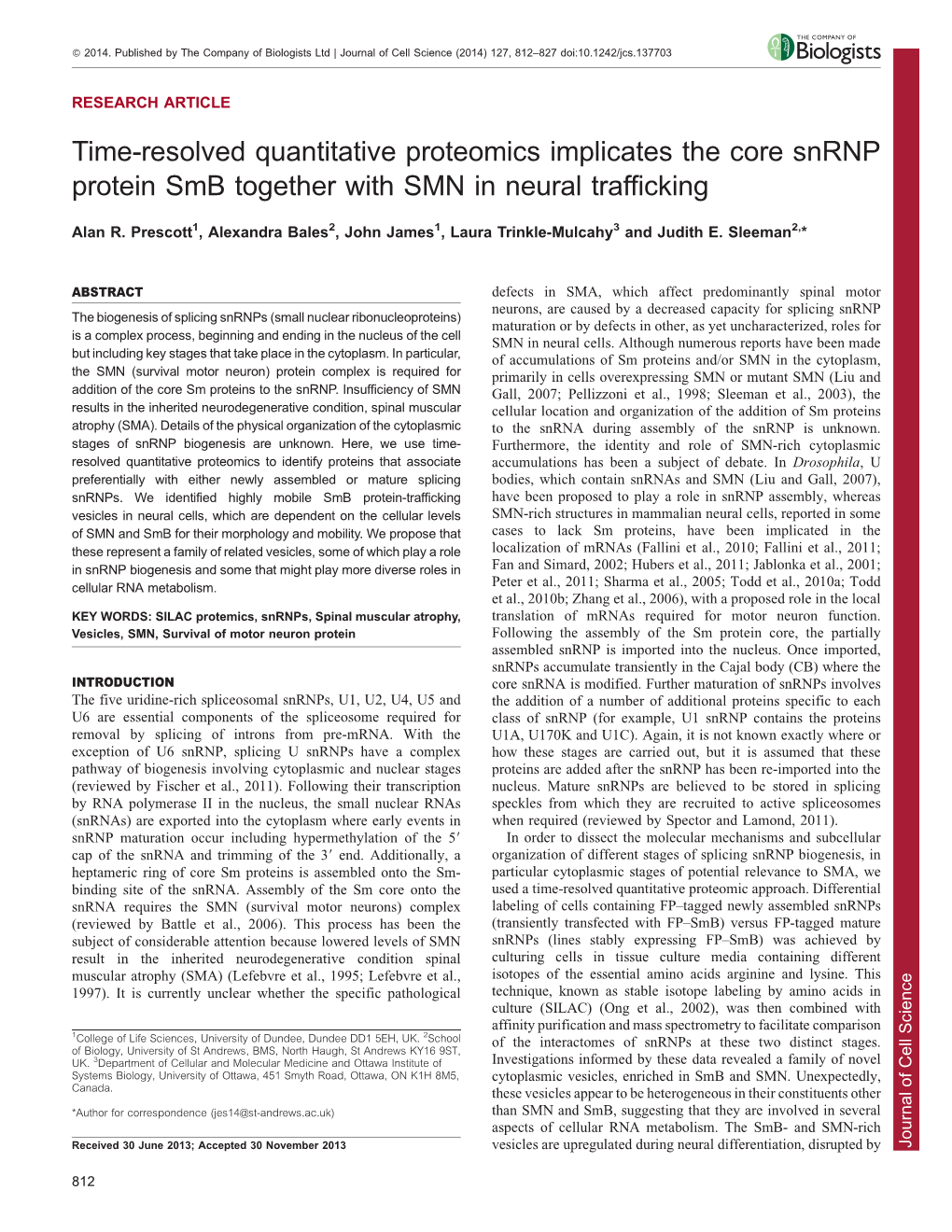 Time-Resolved Quantitative Proteomics Implicates the Core Snrnp Protein