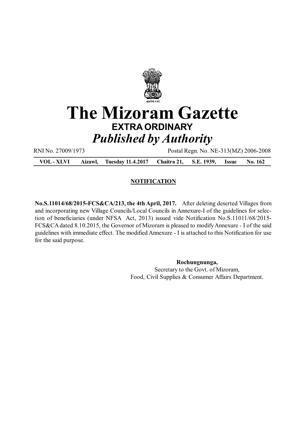 The Mizoram Gazette EXTRA ORDINARY Published by Authority RNI No