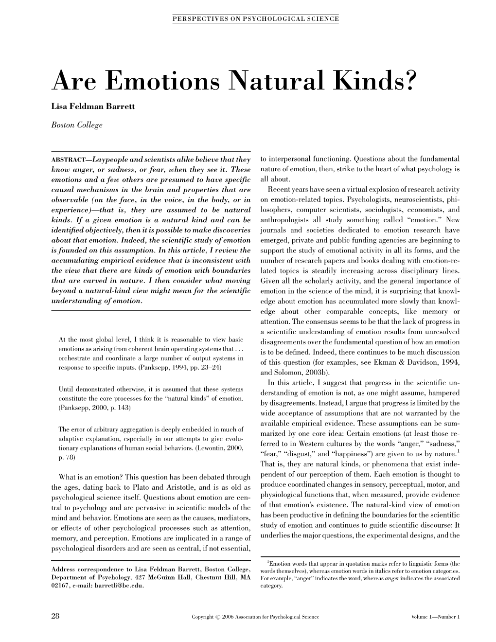 Are Emotions Natural Kinds? Lisa Feldman Barrett