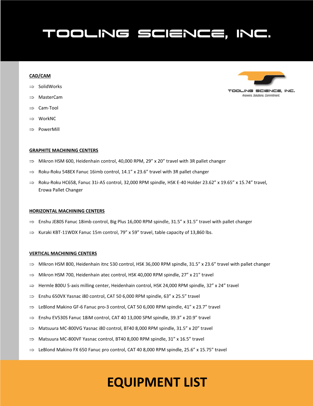 Equipment List Tooling Science, Inc