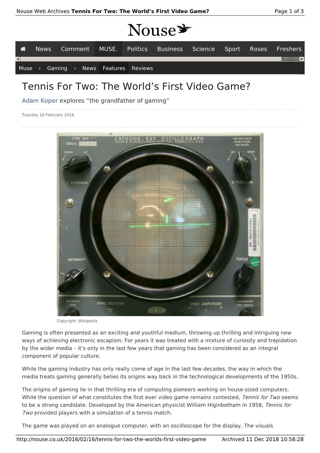 Tennis for Two: the World's First Video Game? | Nouse