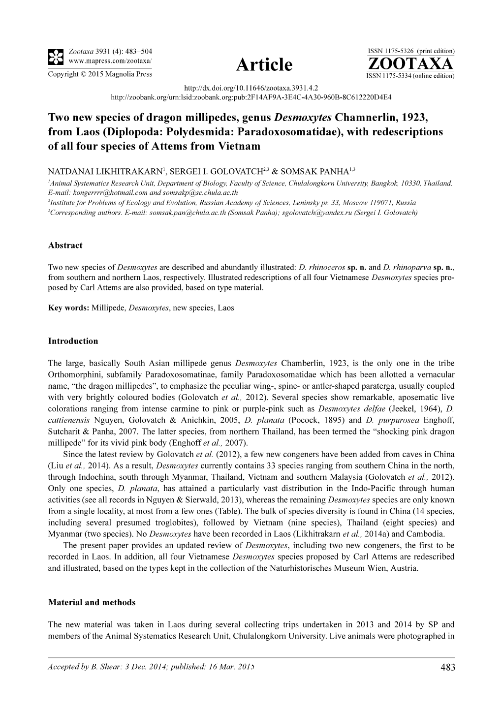 Diplopoda: Polydesmida: Paradoxosomatidae), with Redescriptions of All Four Species of Attems from Vietnam