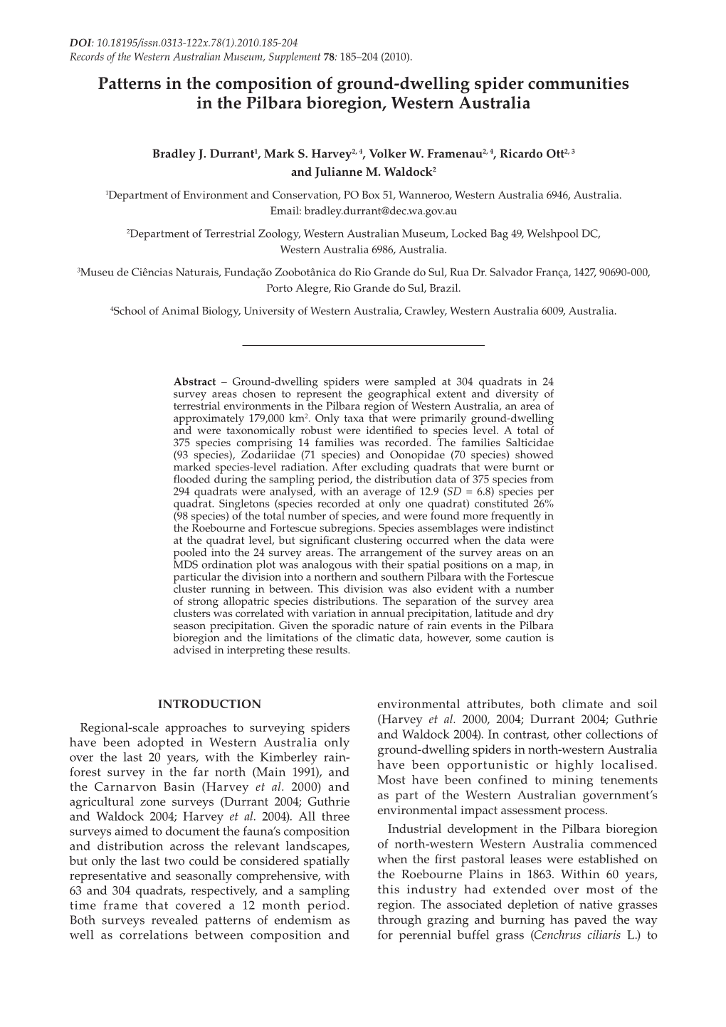 Patterns in the Composition of Ground-Dwelling Spider Communities in the Pilbara Bioregion, Western Australia