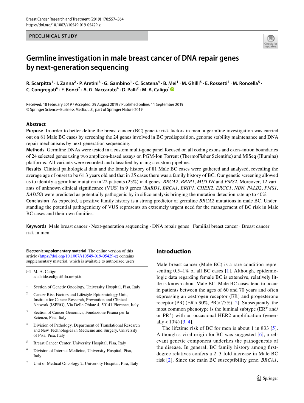 Germline Investigation in Male Breast Cancer of DNA Repair Genes by Next-Generation Sequencing