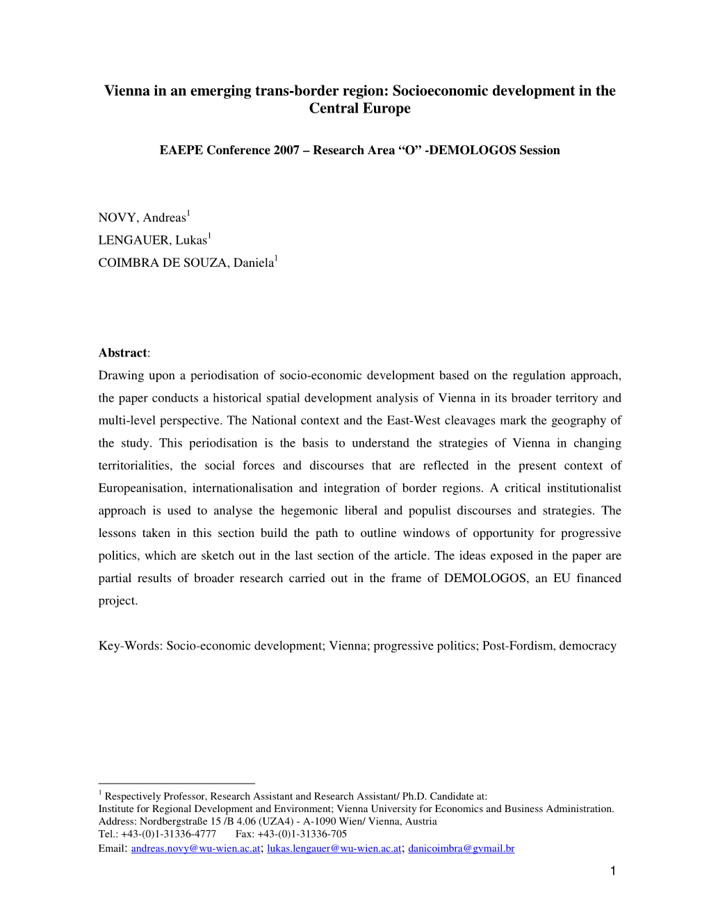 Vienna in an Emerging Trans-Border Region: Socioeconomic Development in the Central Europe