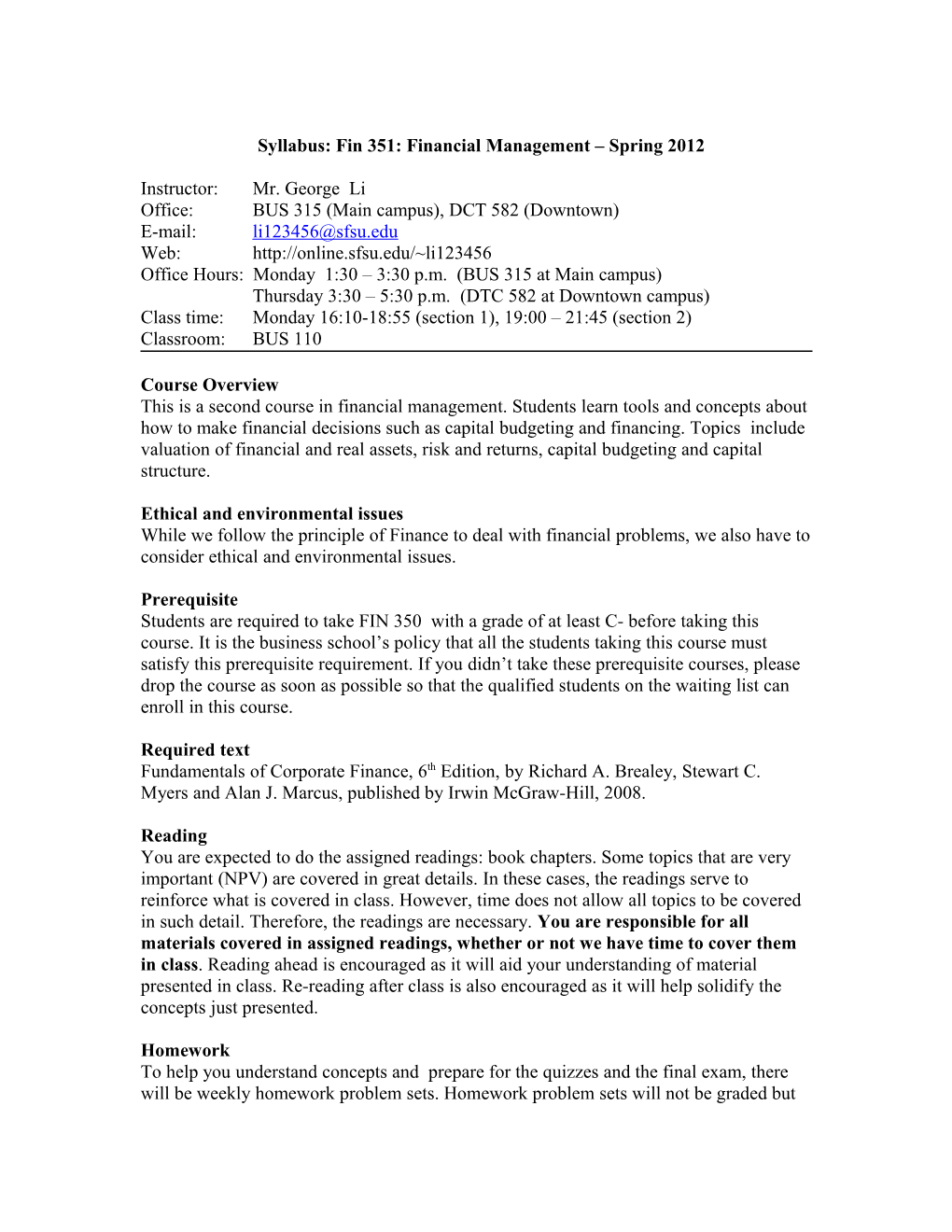 Syllabus: BUS 785 Financial Management Fall 2002