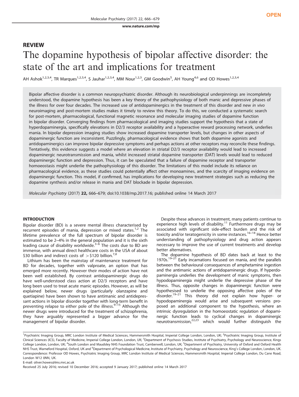 The Dopamine Hypothesis of Bipolar Affective Disorder: the State of the Art and Implications for Treatment