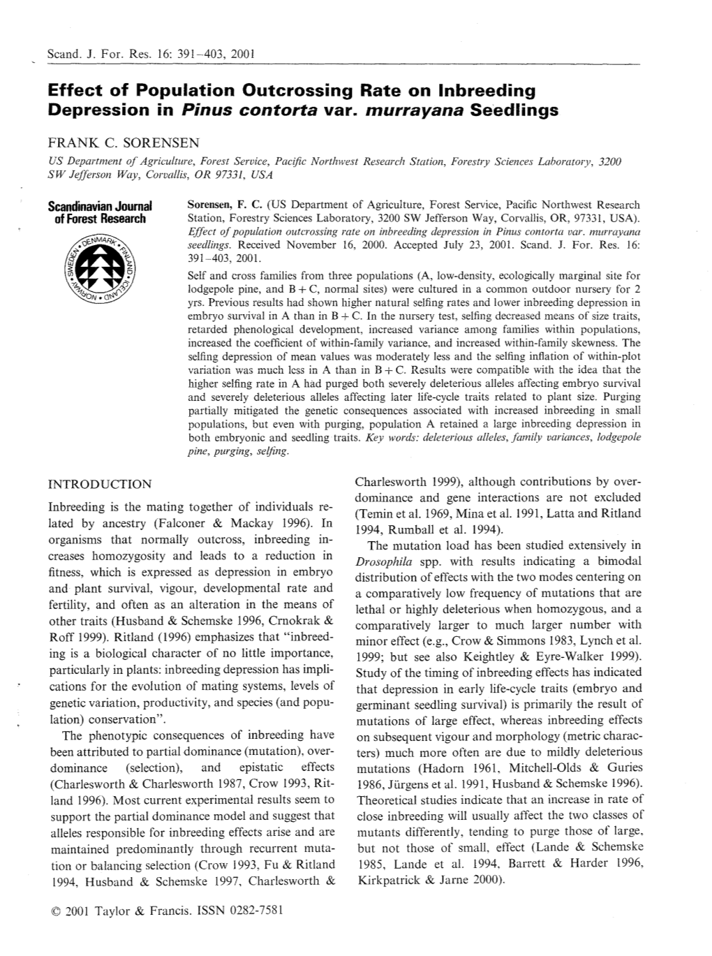 Effect of Population Outcrossing Rate on Inbreeding Depression in Pinus Contorta Var