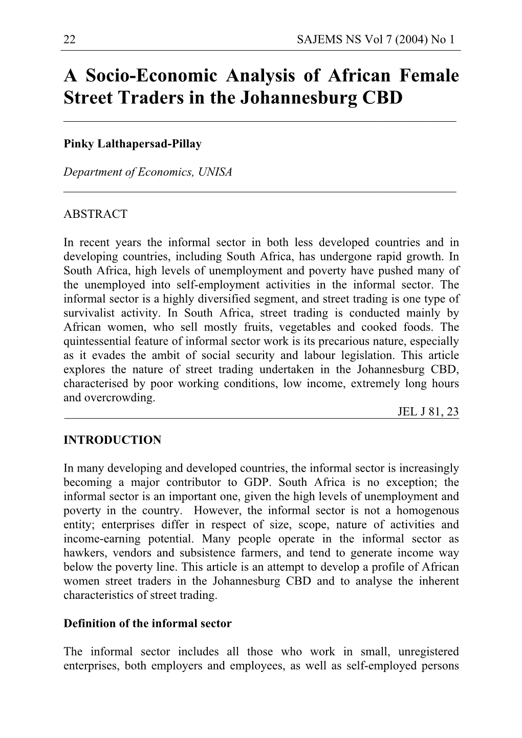 A Socio-Economic Analysis of African Female Street Traders in the Johannesburg CBD ______