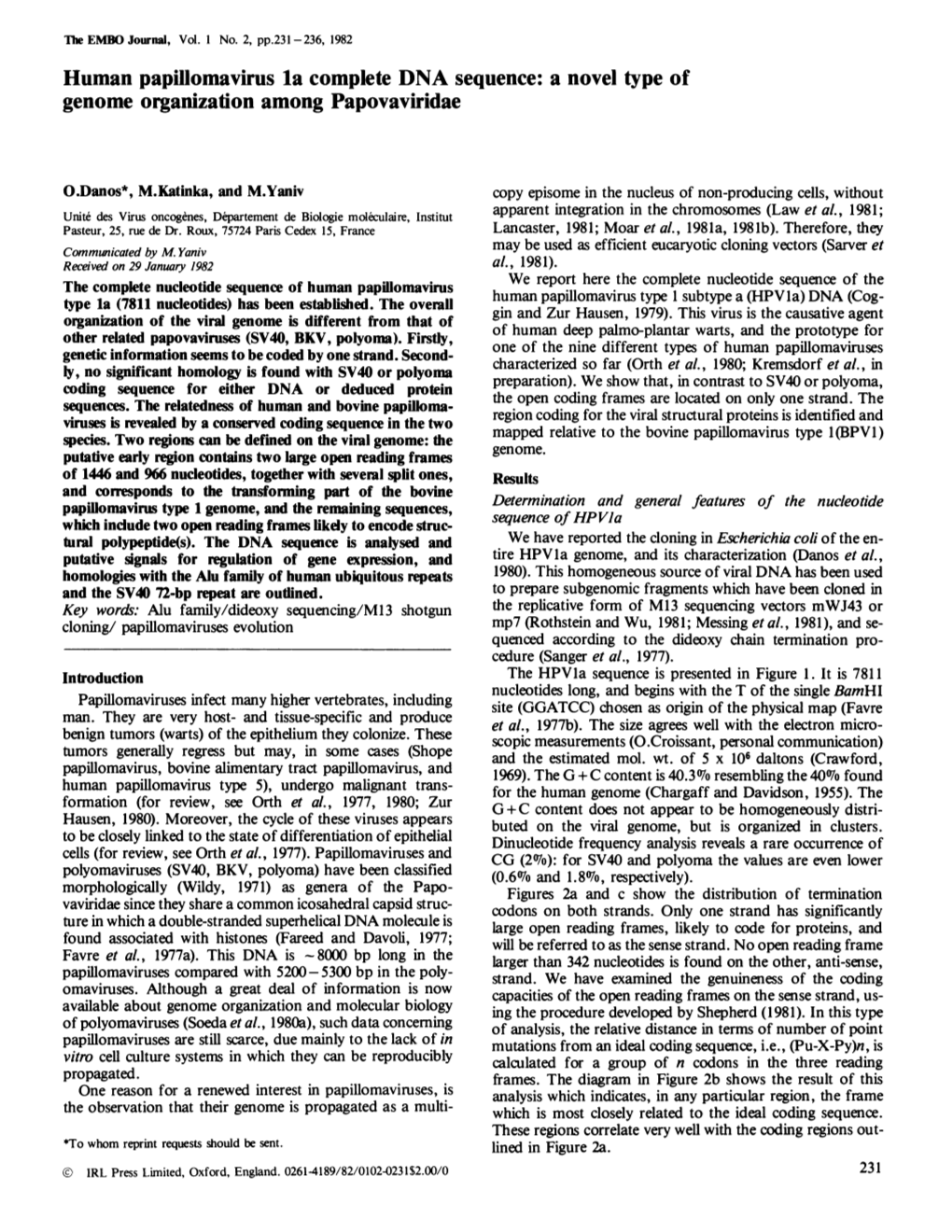 Human Papillomavirus La Complete DNA Sequence: a Novel Type of Genome Organization Among Papovaviridae